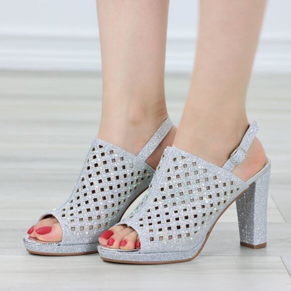 Sparkly Rhinestone Glitter Silver Platform High Heels Open Toe Party Shoes - Picture 4 of 14